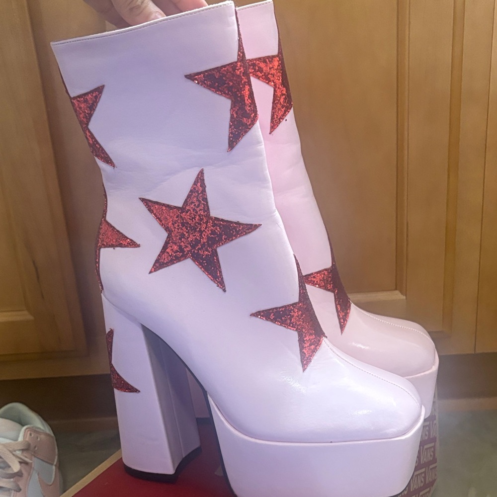 Nasty Gal Pink Heeled Boots with Glitter Stars